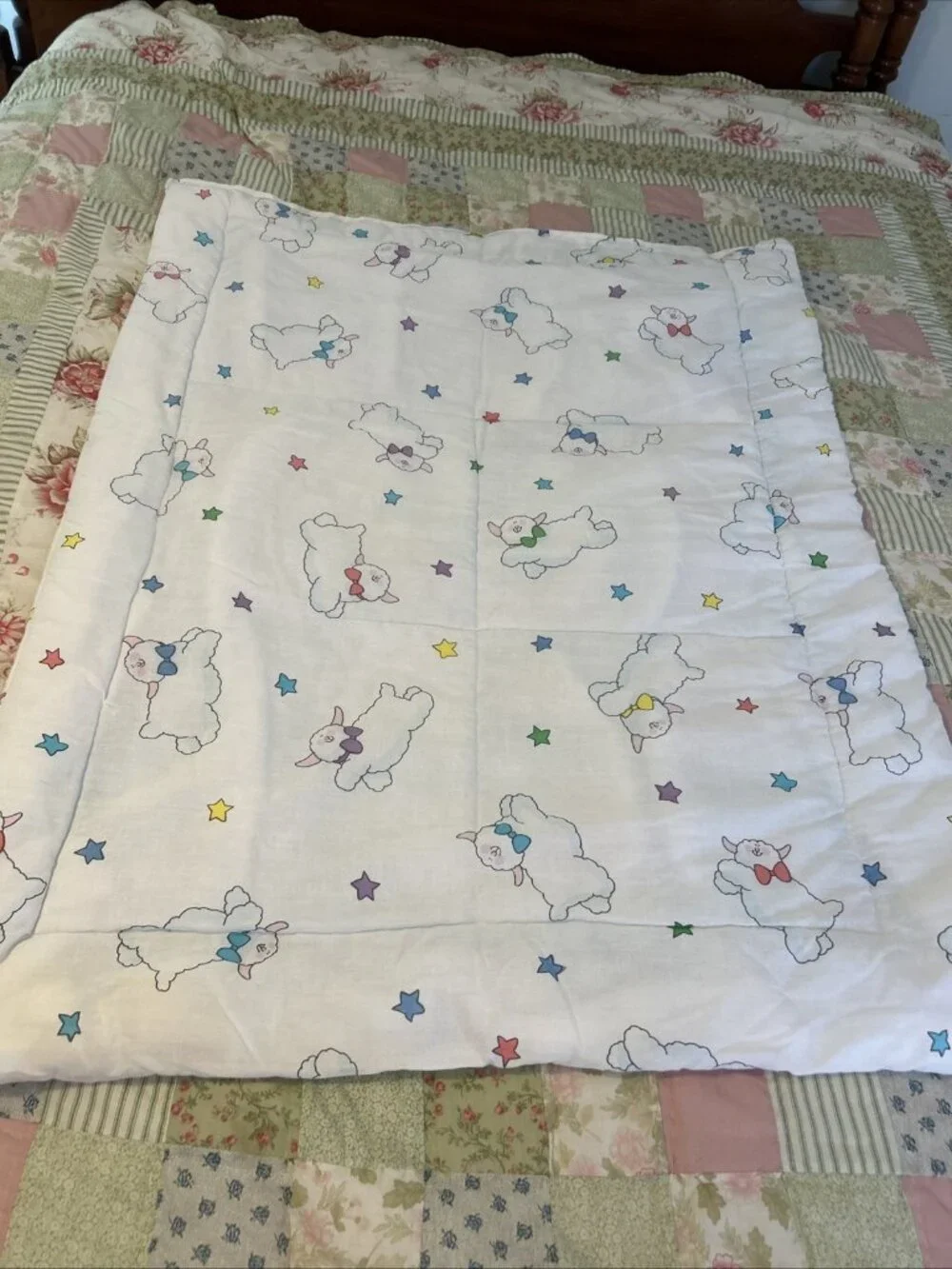 Baby Crib Blanket Sue Dreamer Happy Sheep Nursery Quilt 1987 Double sided 42x33”